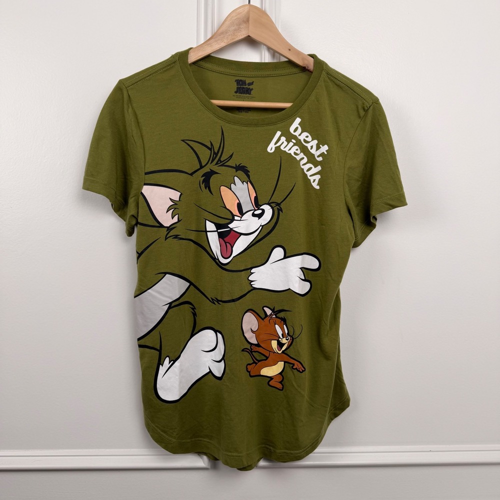 Tom and Jerry Women's Size Large Olive‎ Green "Best Friends" Graphic Tee
